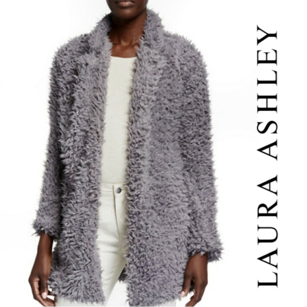 NWT Laura Ashley Teddy Bear Jacket Silver Gray Large Open